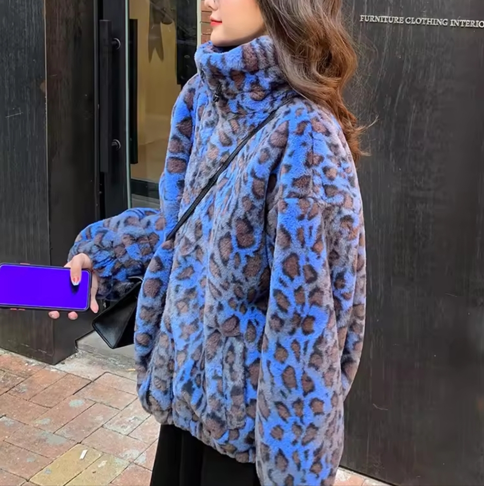 Oversized Colorful Leopard Print Faux Fur Coat Women Long Sleeve - Picture 4 of 5